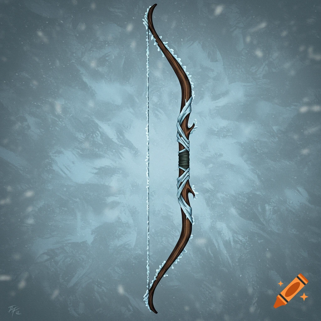 A fantasy bow made of dark wood with a string of woven frost.