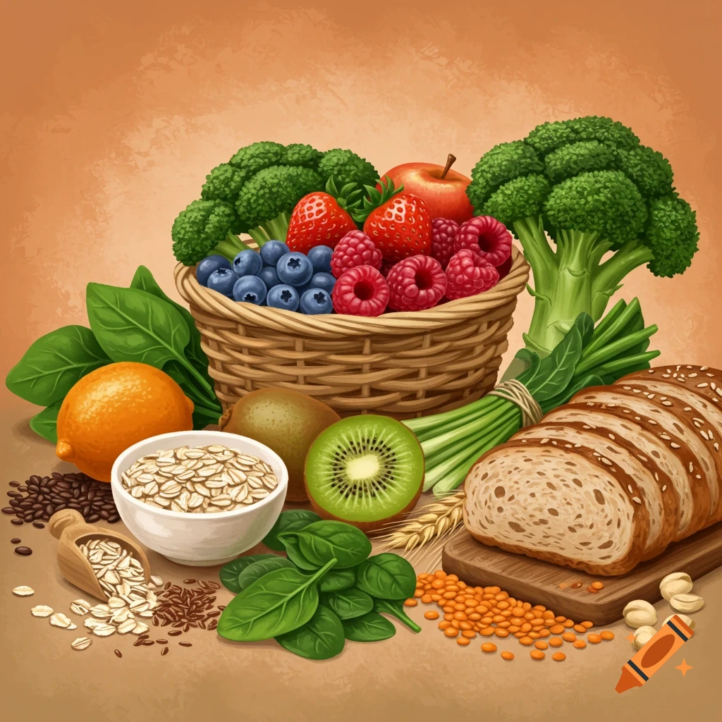 Still life with fiber-rich foods like berries, broccoli, bread, oats, and spinach.