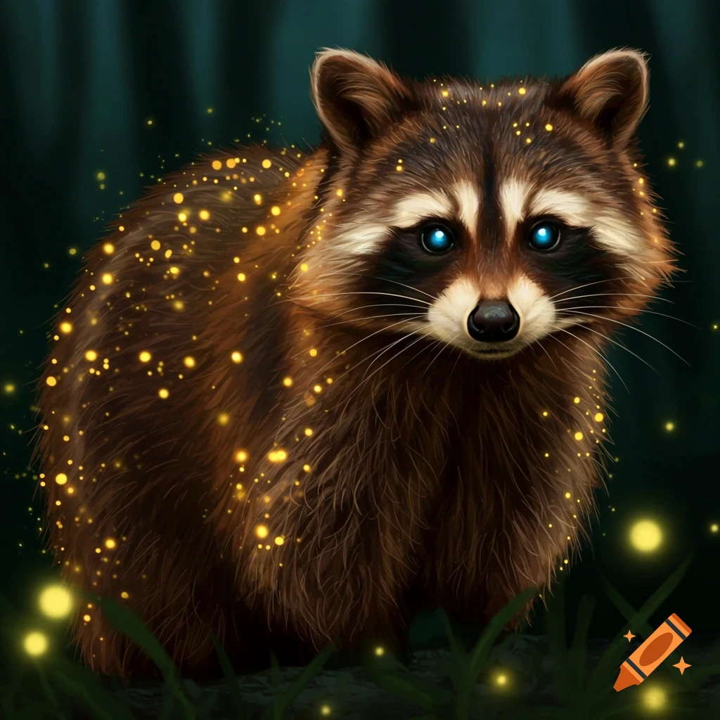 A raccoon standing in a dark forest surrounded by glowing yellow lights.