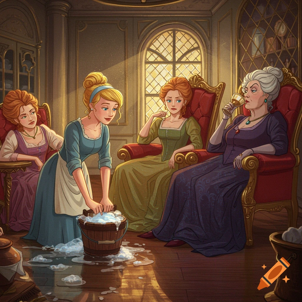 Cinderella scrubbing floor while stepfamily lounges.