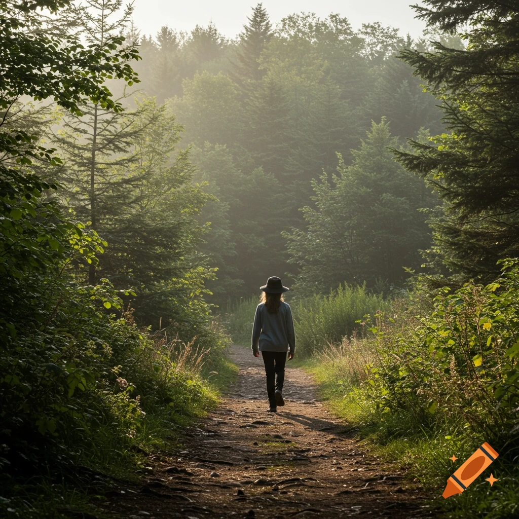 Person walking away down a dirt path through a misty forest.