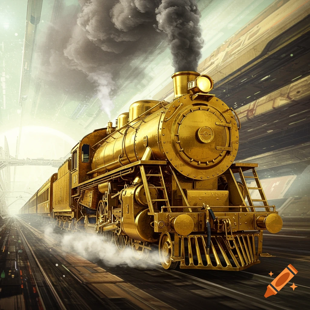 A gold steam locomotive train is on tracks in a futuristic, steampunk-like setting.