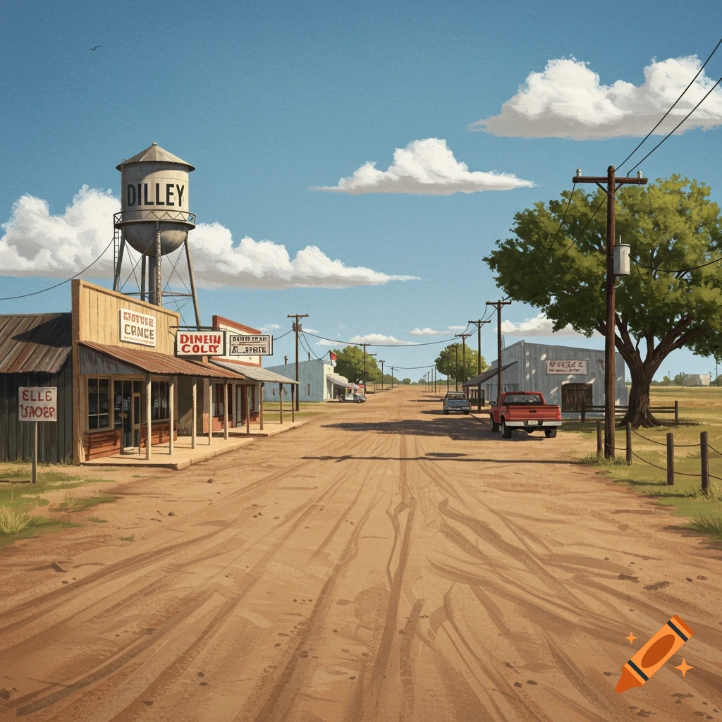 A dusty main street in a small Texas town with shops, trucks, a water tower, and open land.