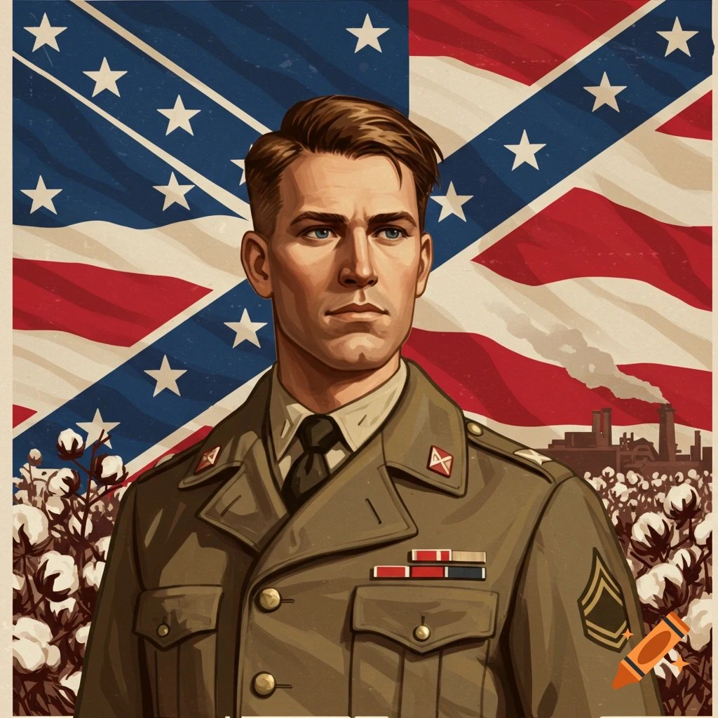 Painting of a man in military uniform with a Confederate-style flag and cotton field in the background.