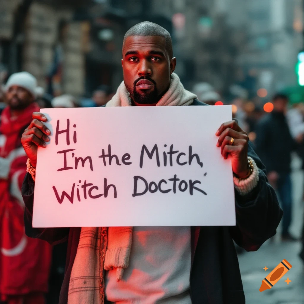 Kanye West holds a sign in a street crowd.