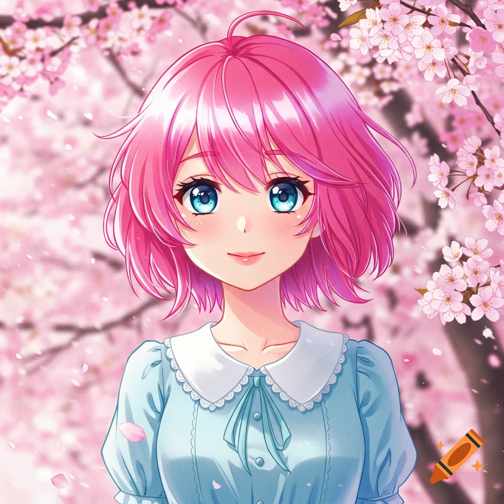 Anime girl with pink hair and blue eyes smiling among cherry blossoms.