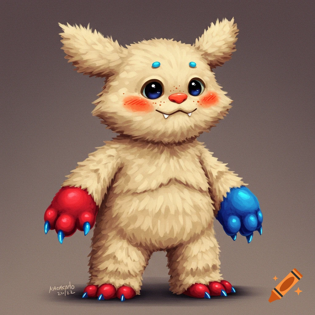 Fluffy beige monster with mismatched red and blue paws, big blue eyes, and blushed cheeks.