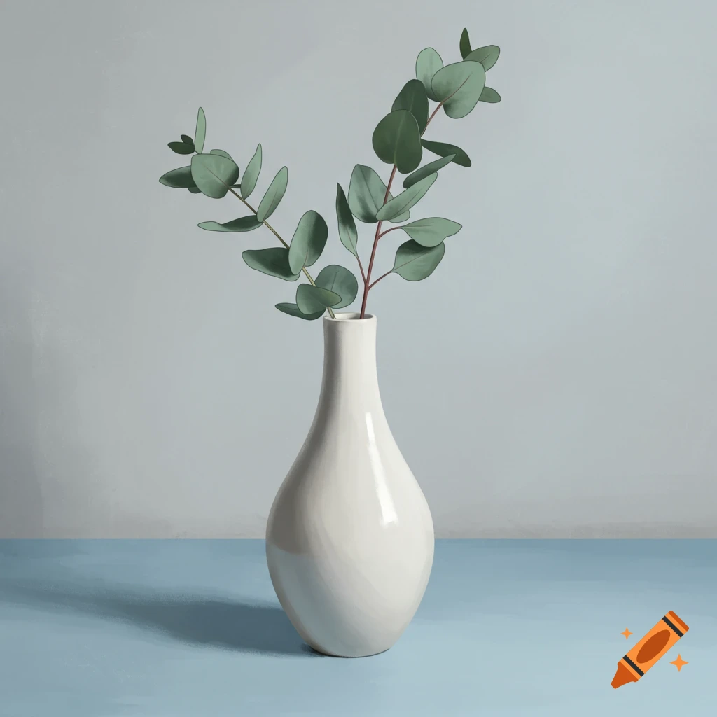 A minimalist image of eucalyptus stems in a white vase on a blue table.