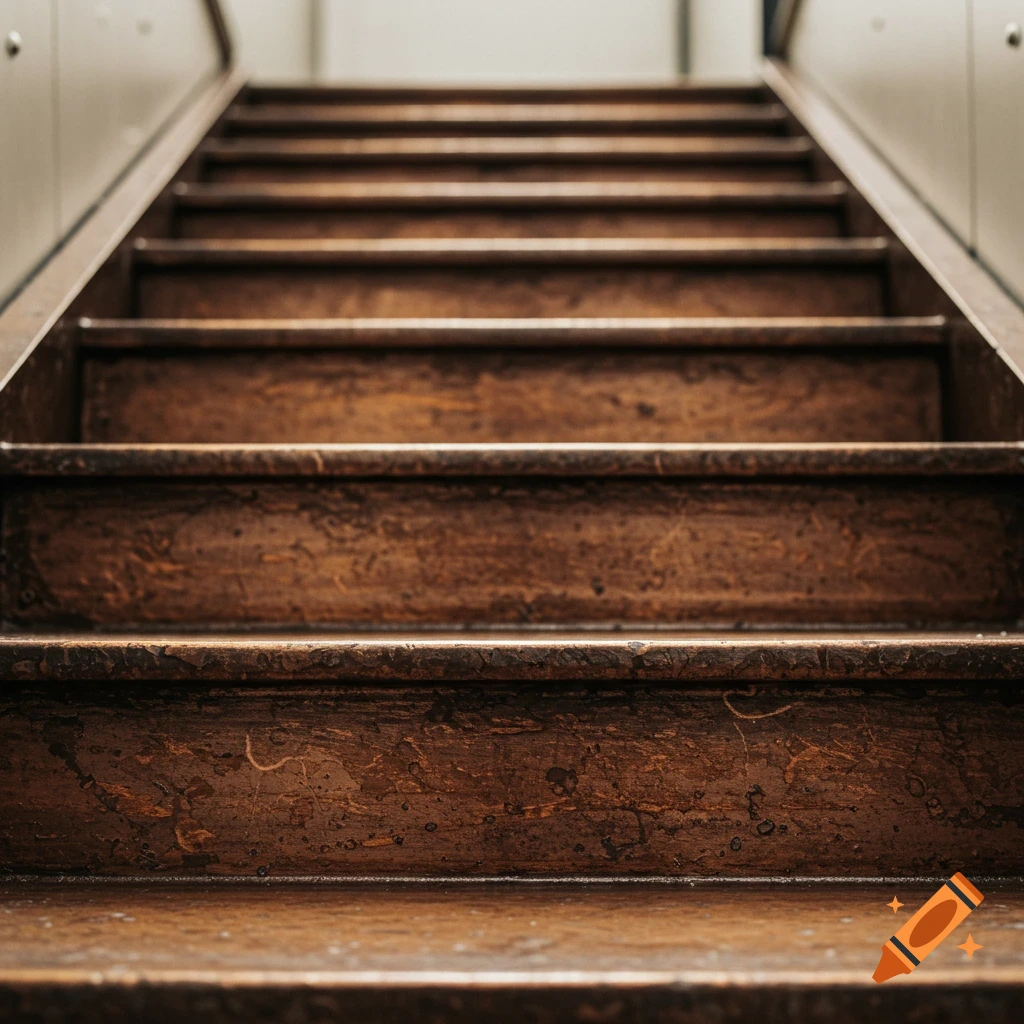 Close-up low-angle view of worn wooden stairs