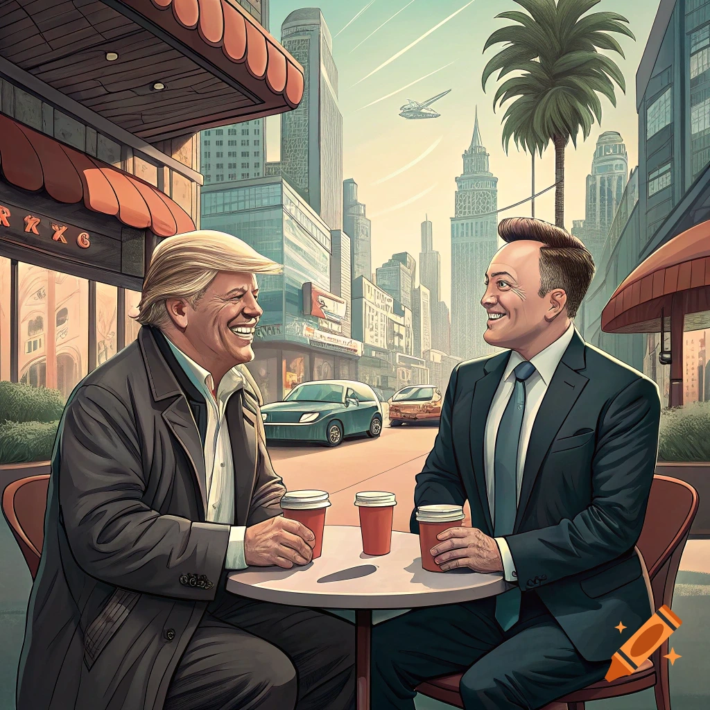Stylized illustration of two men resembling Trump and Musk laughing over coffee at an outdoor cafe