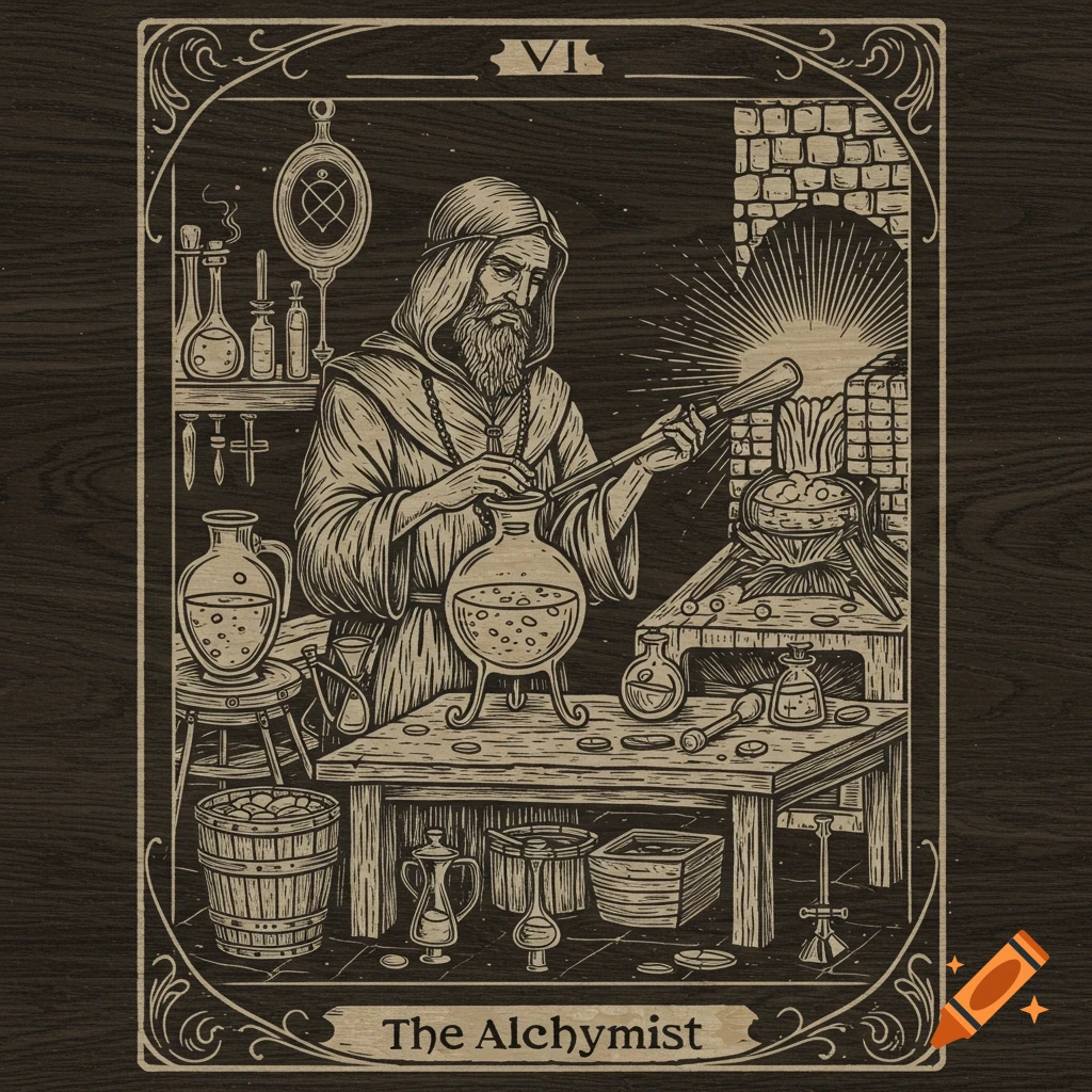 Woodcut style tarot card depicting an alchemist mixing potions in a lab.