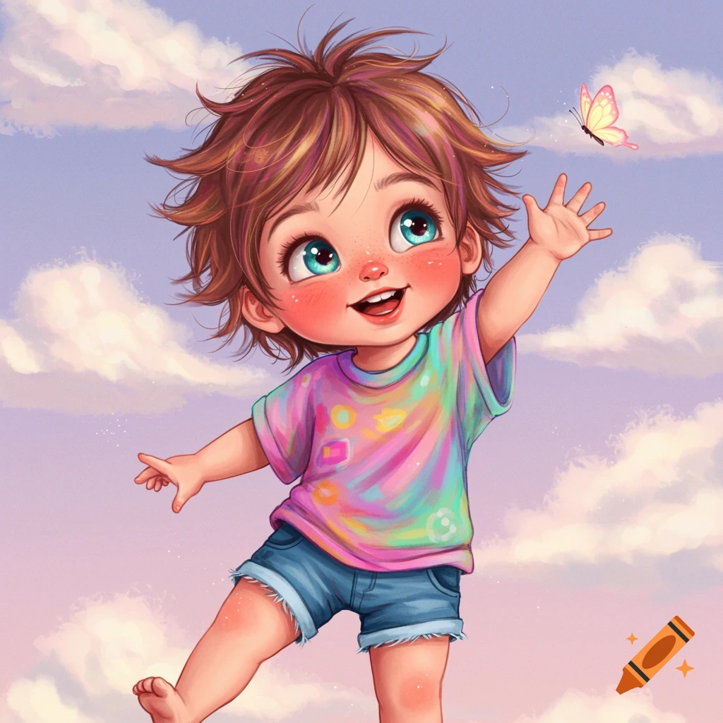 A joyful child reaches for a butterfly in a cloudy sky.