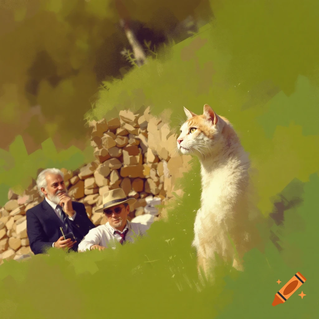 A painterly image of a cat in the foreground with two men in the background near a stone wall.
