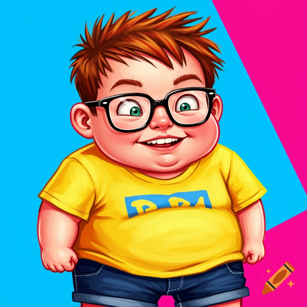 A chubby boy with glasses wears a yellow graphic tee and denim shorts. He stands against a blue and pink background.