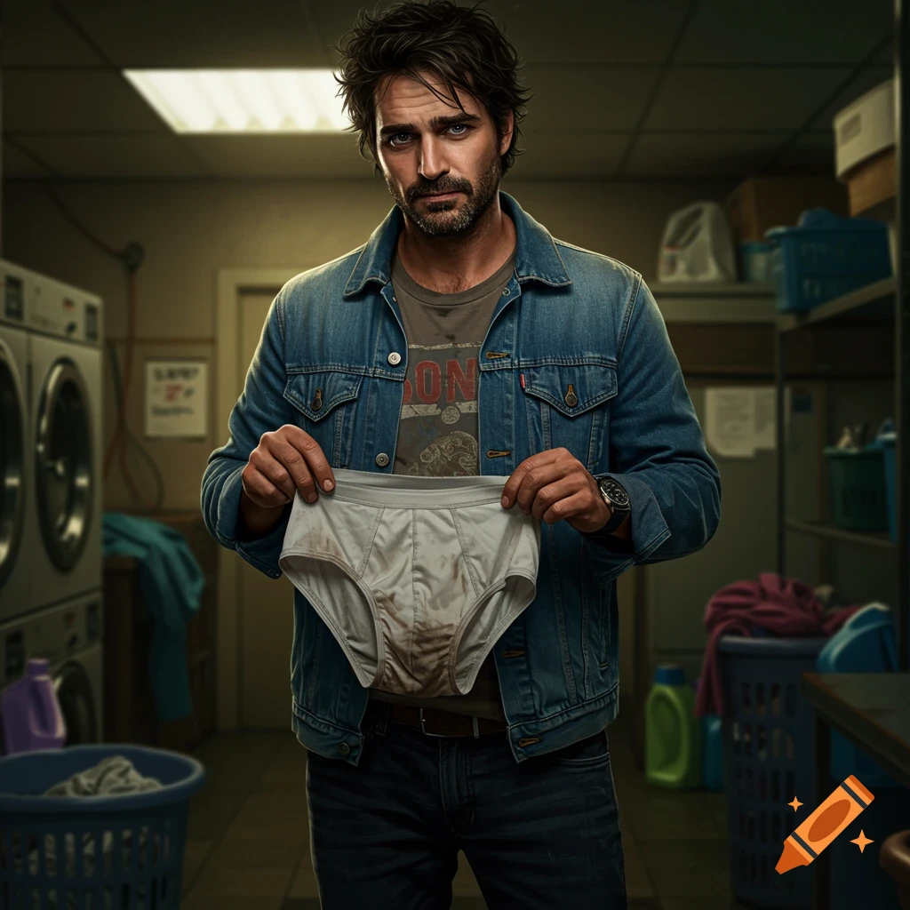 A man in a denim jacket holds up a pair of dirty white briefs in a laundry room.