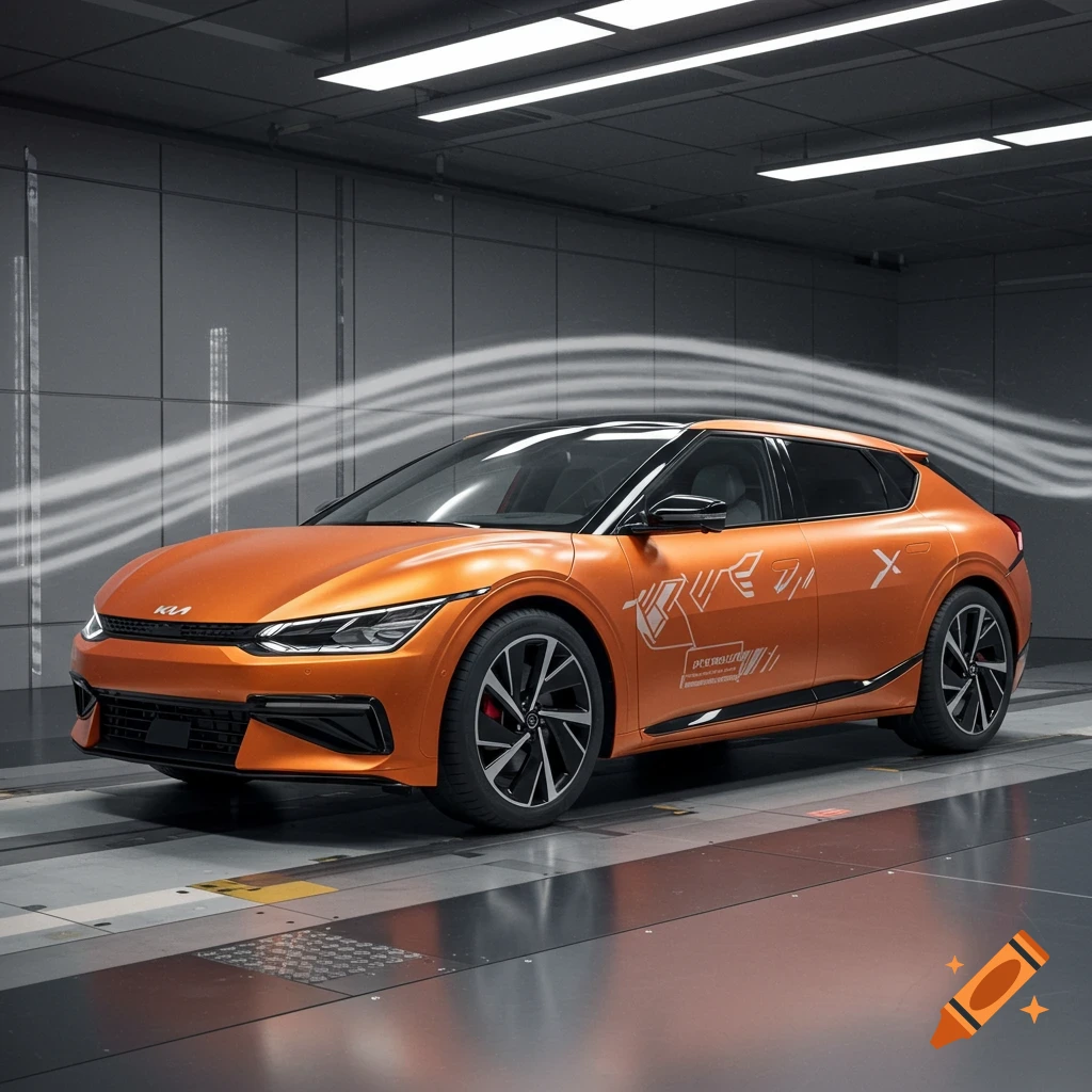 An orange Kia EV6 in a wind tunnel with graphics on the side and airflow lines.
