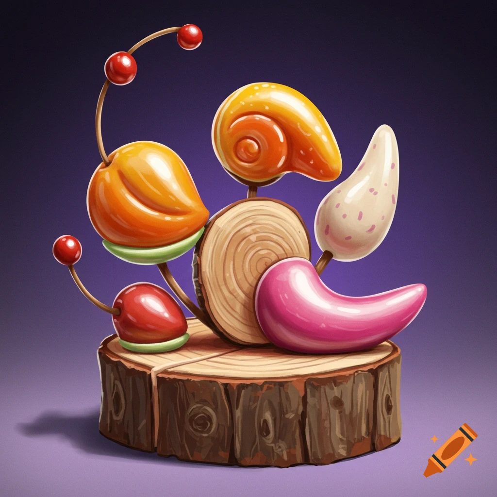 Abstract sculpture made of colorful candy-like shapes and wood on a log base.