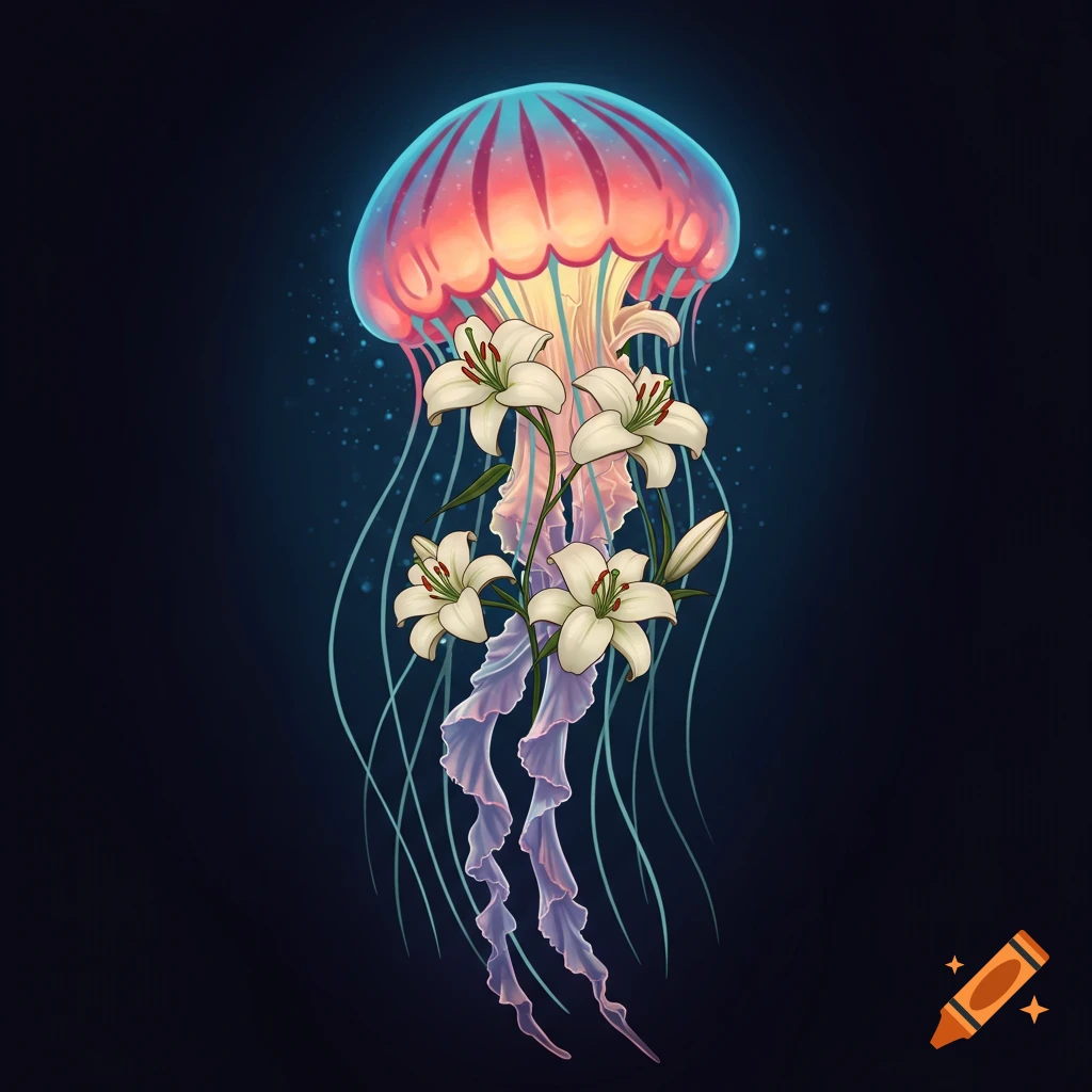 A glowing jellyfish with white lilies.