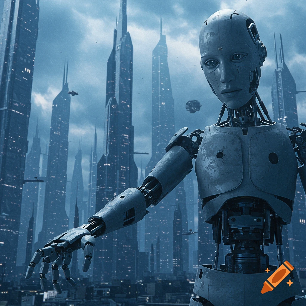 A humanoid robot reaches out its arm in a futuristic city with tall skyscrapers and flying vehicles under a cloudy sky.