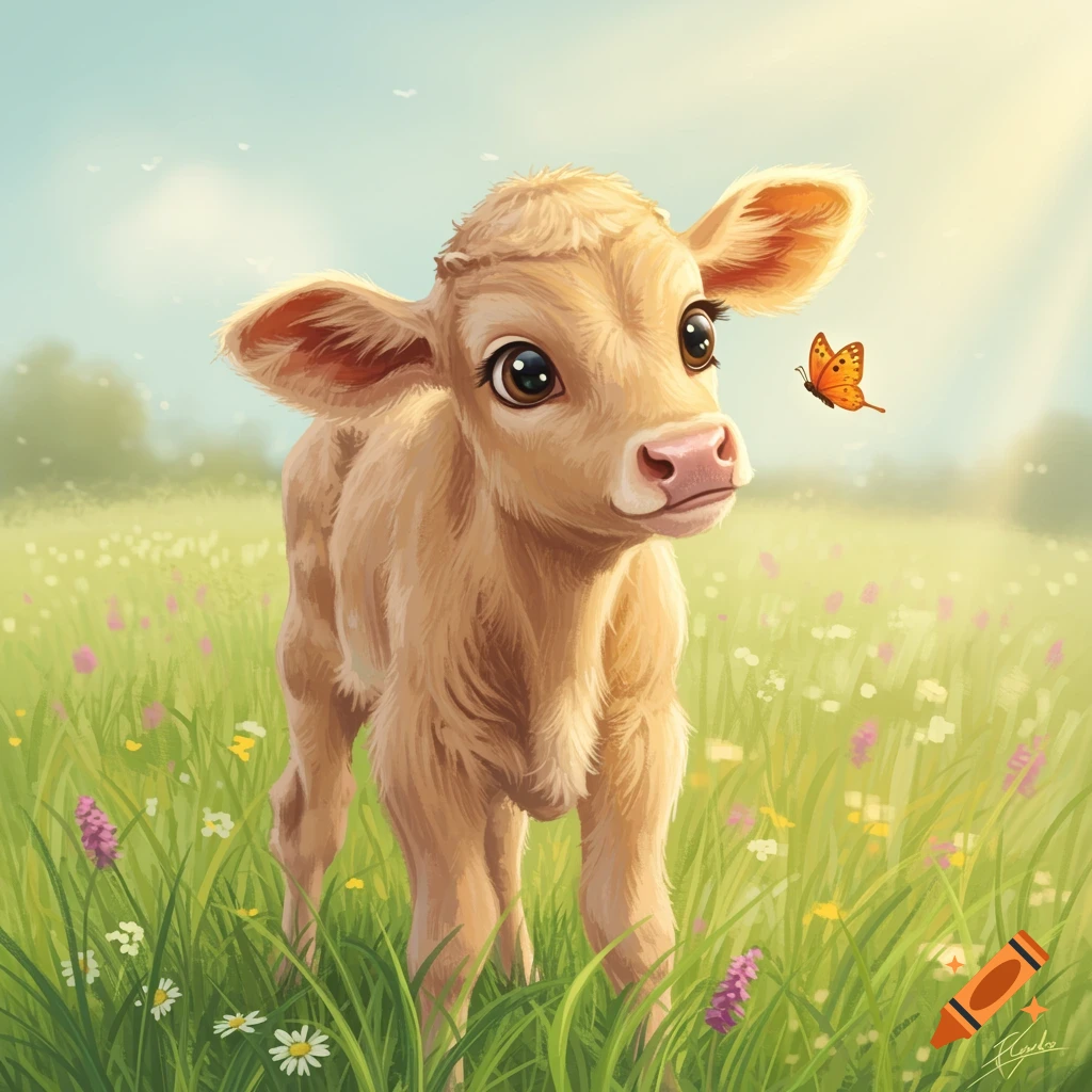 A whimsical picture of a cute calf looking at a butterfly in a sunny field with wildflowers.