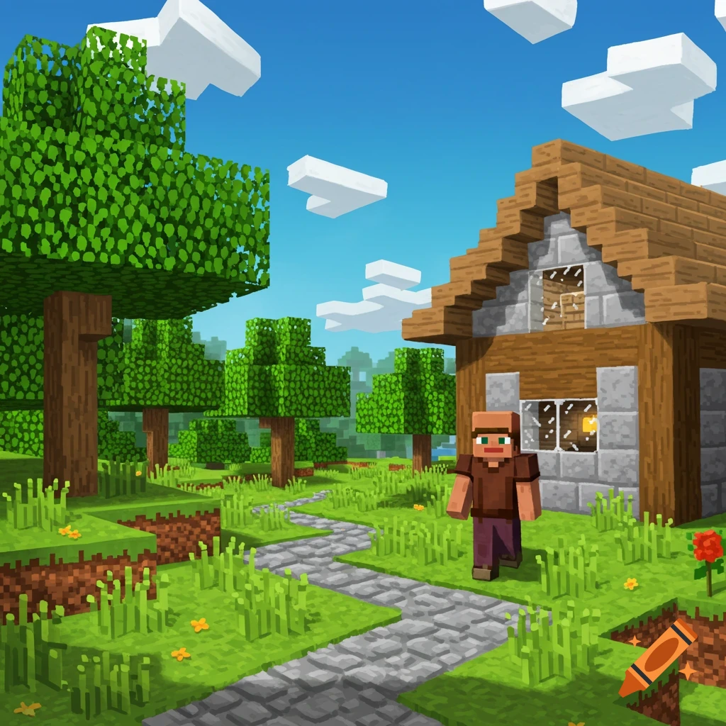 A scene in the style of Minecraft showing a villager walking on a path near a house, trees, and grass