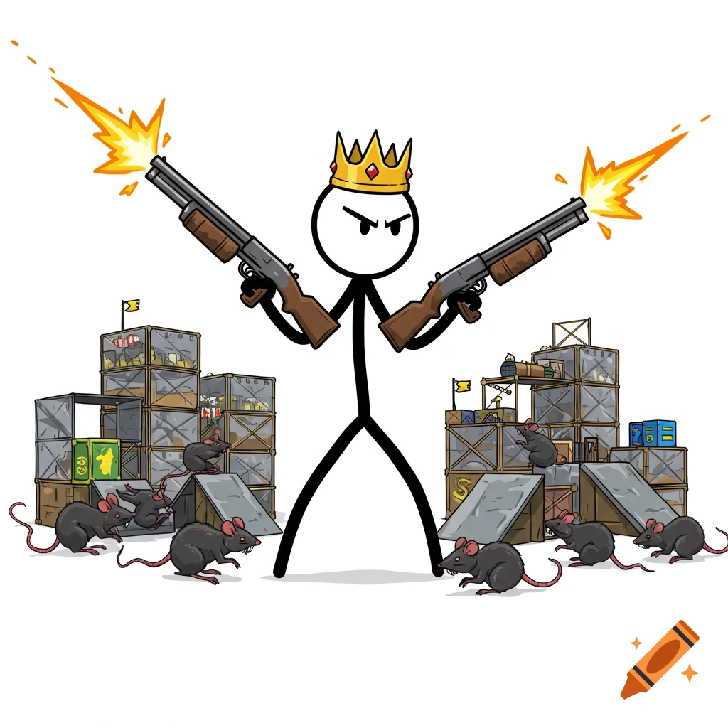 Cartoon stick figure king with shotguns shooting at rats near crates and builds.