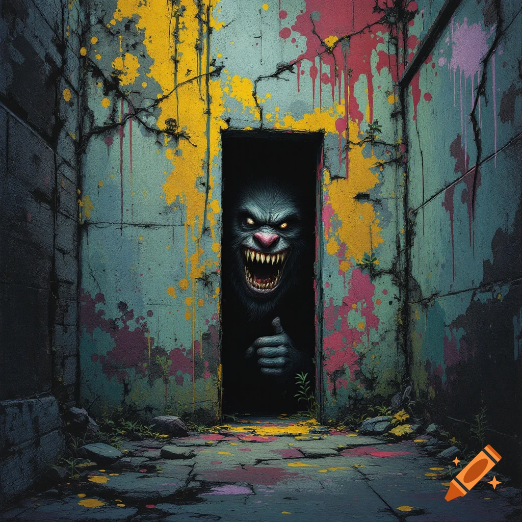 A scary monster peeking from a doorway in a paint-splattered alley.