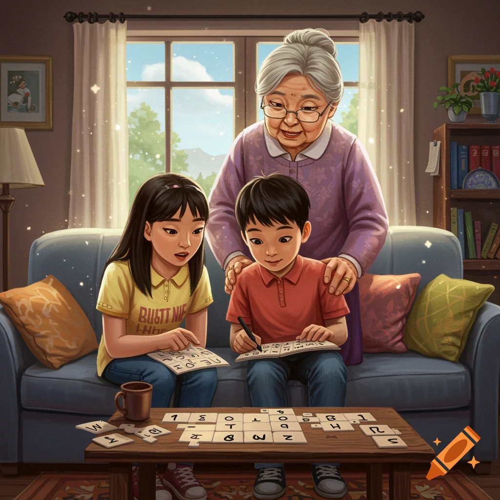 A grandmother helps two children do a word puzzle on a sofa.