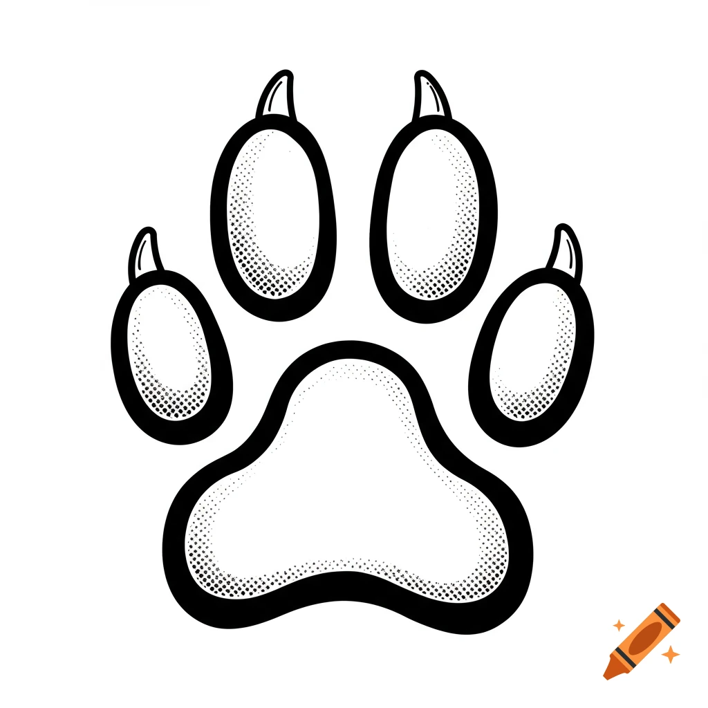 Black and white clip art illustration of a paw print with halftone shading.