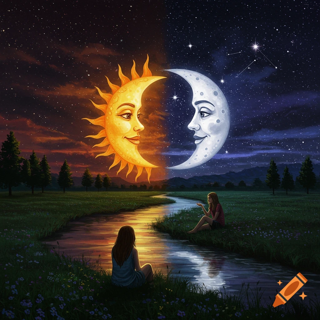Surreal scene of personified sun and moon above a landscape with two women by a river.