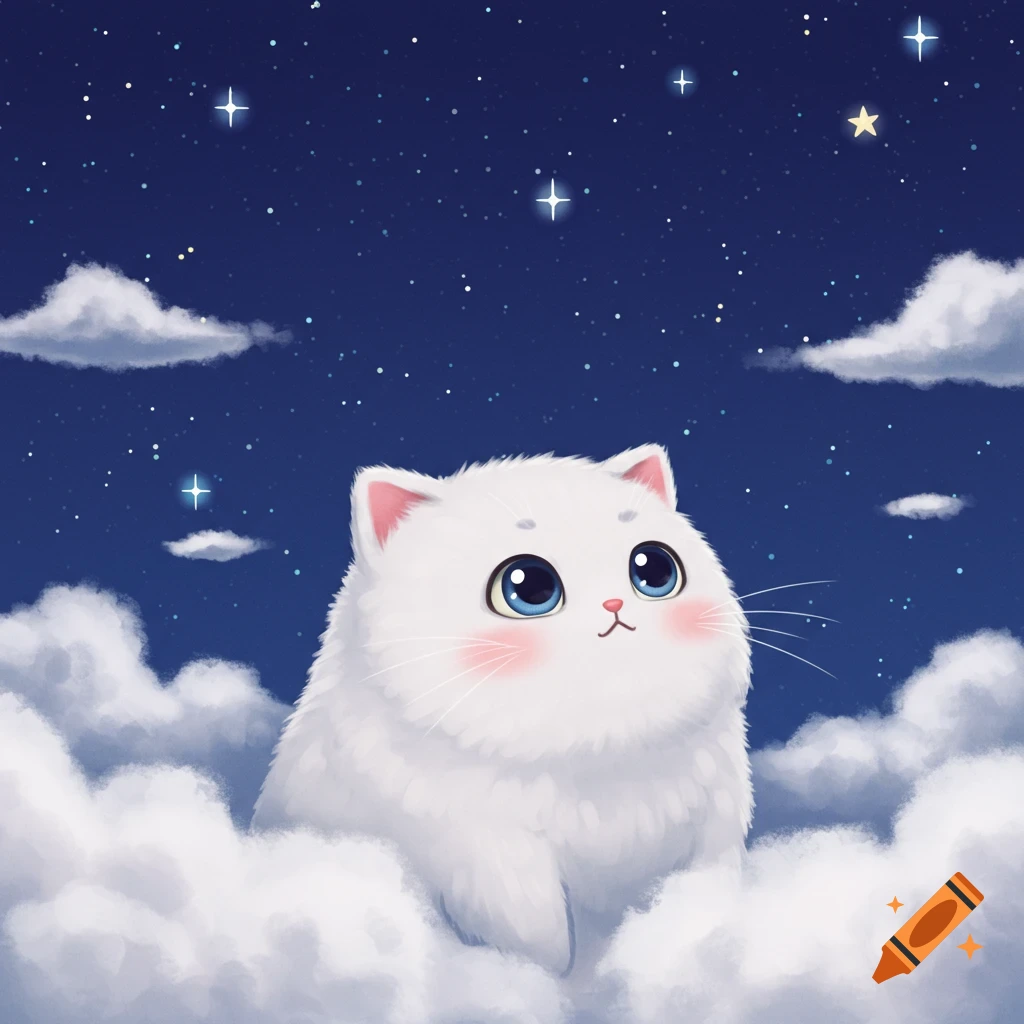 A cartoon fluffy white cat sits in clouds, looking up at a starry night sky.