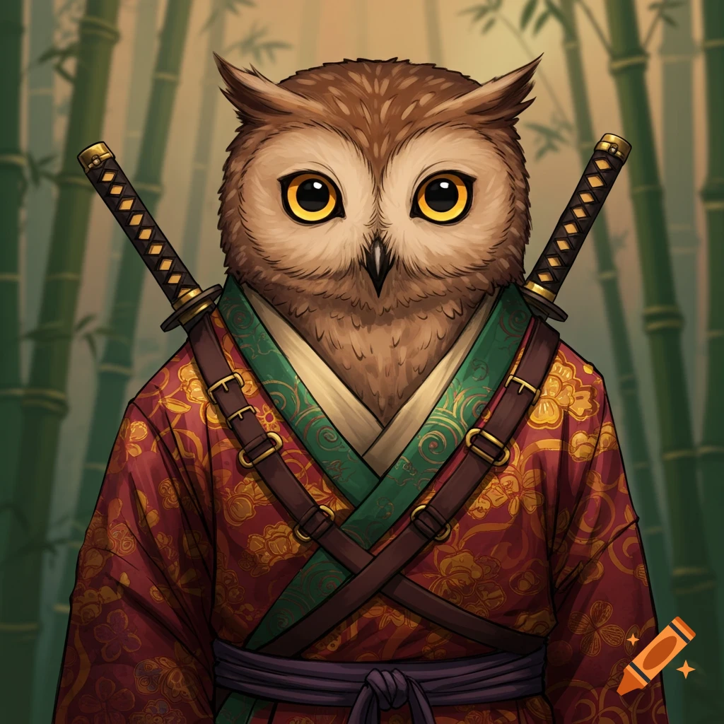 An owl in a kimono with katanas on its back, standing in a bamboo forest.