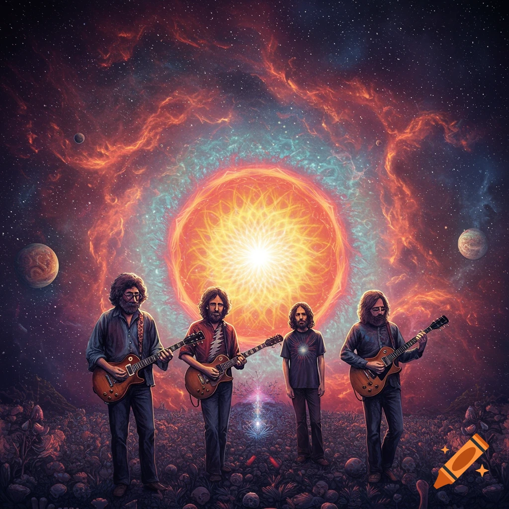 Four musicians playing guitars in a vibrant cosmic landscape with a large glowing sun.