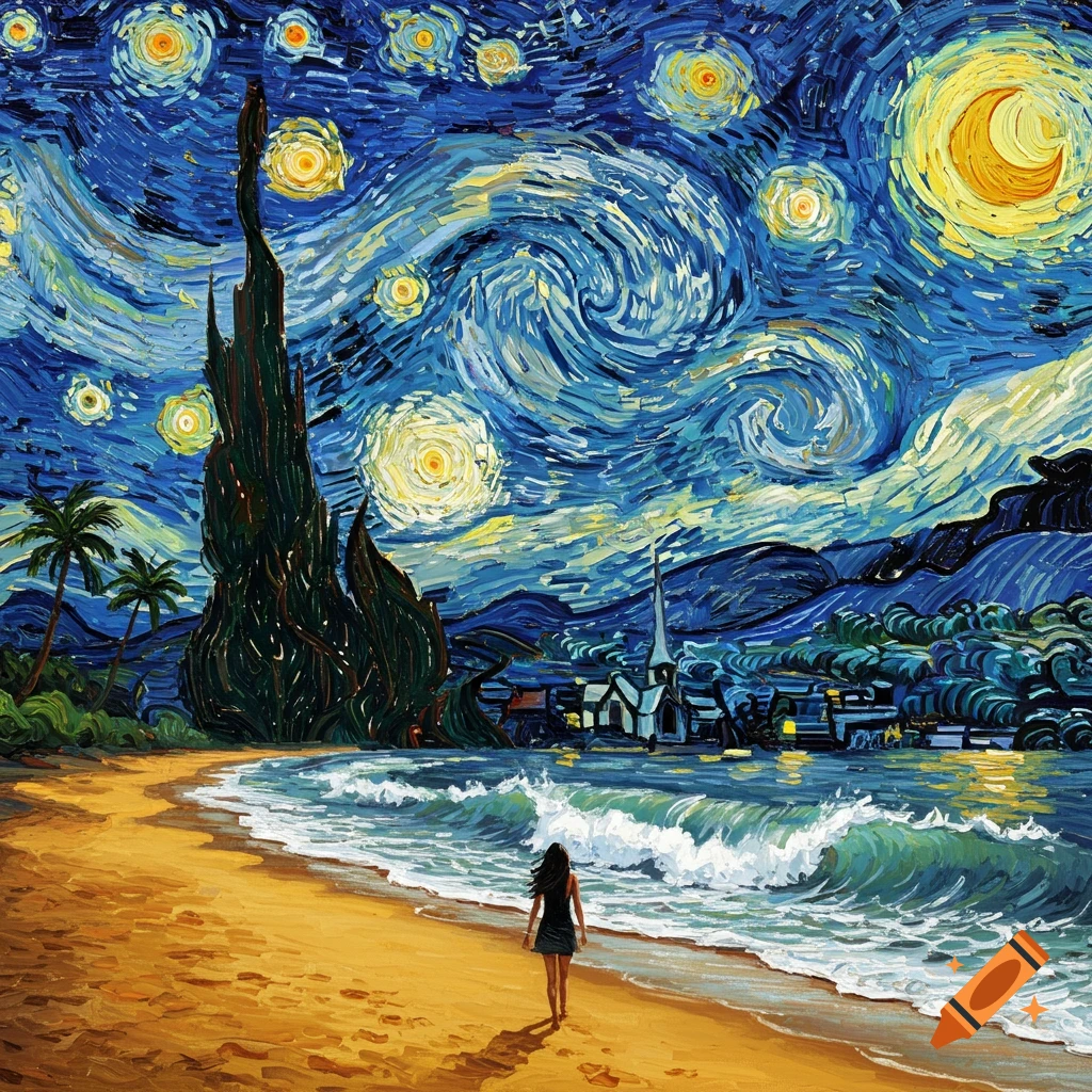 Starry Night style painting of a person walking on a beach at night.