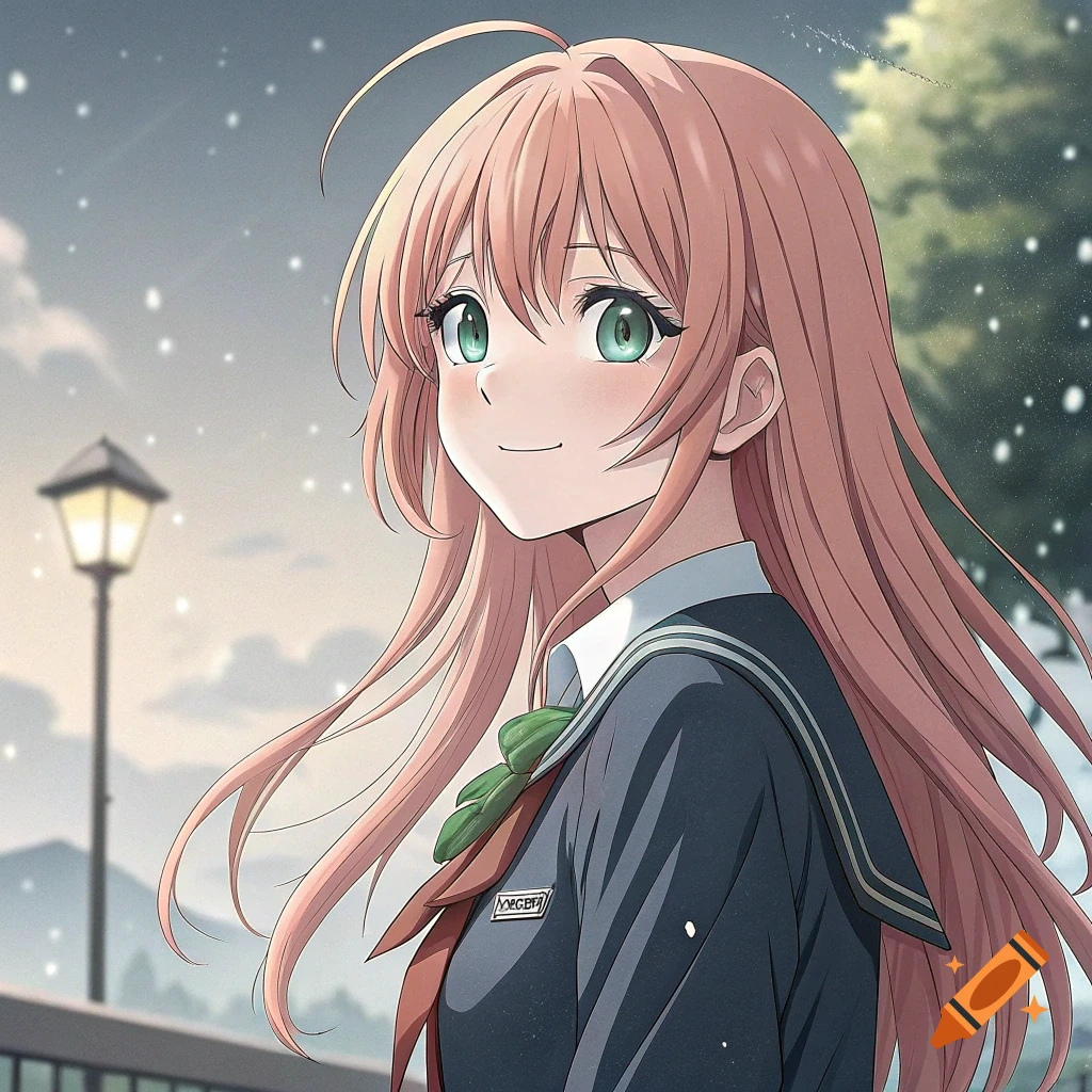 Anime portrait of a girl with pink hair and green eyes in a school uniform, smiling outdoors.