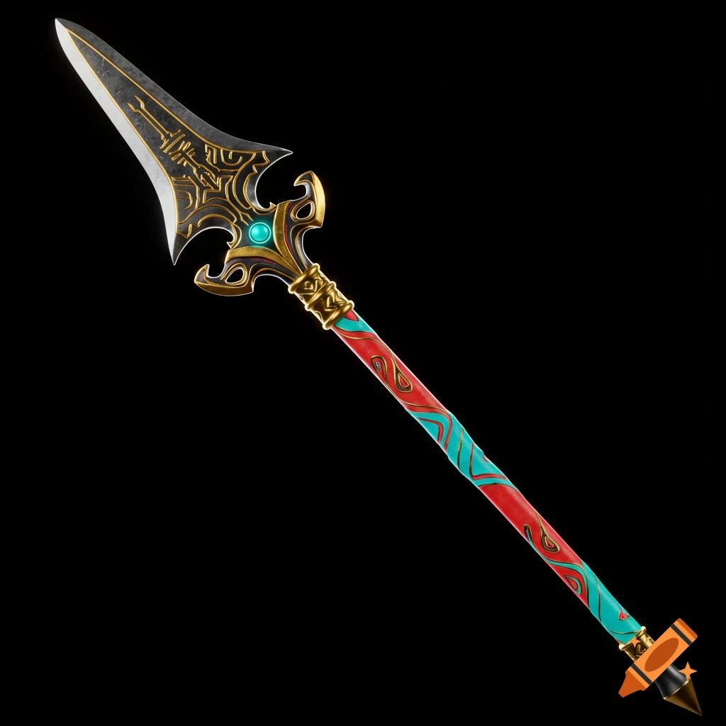 Ornate fantasy spear with a gold and black blade and a red and cyan handle.