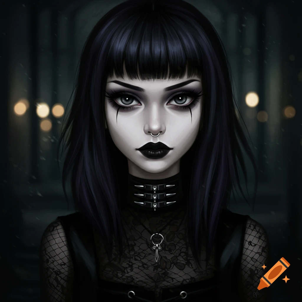 A goth girl with dark makeup, black lipstick, septum ring, and choker.