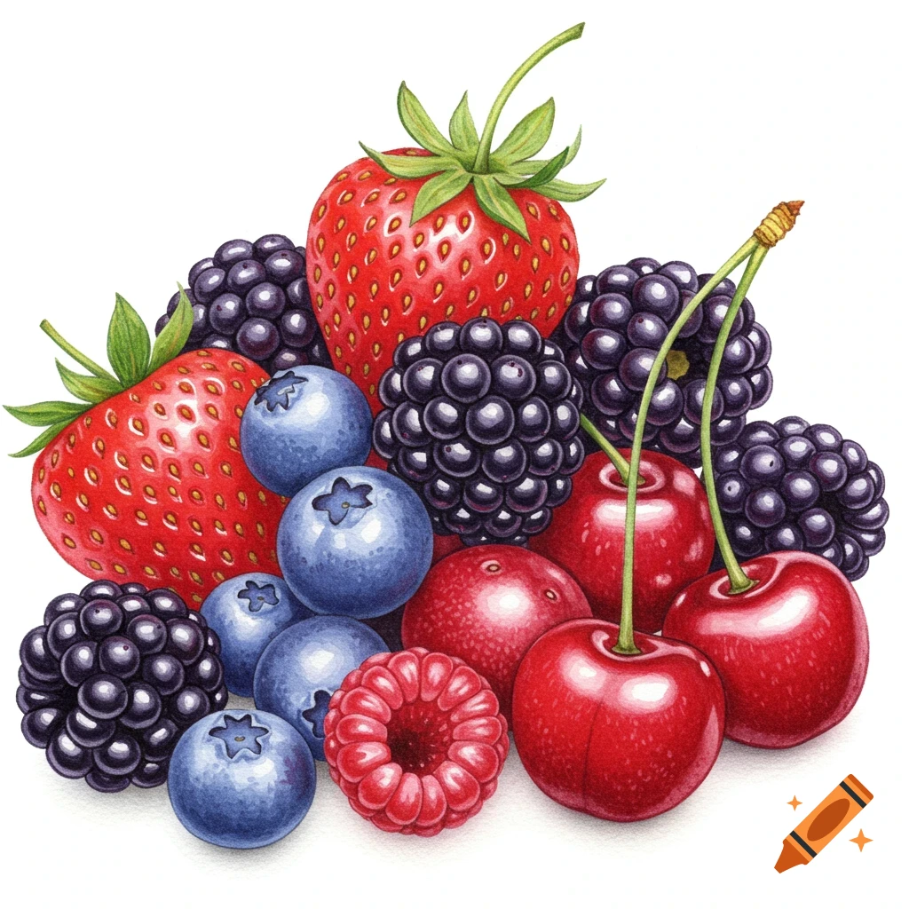 A pile of mixed strawberries, blueberries, blackberries, raspberries, and cherries in a botanical illustration style.