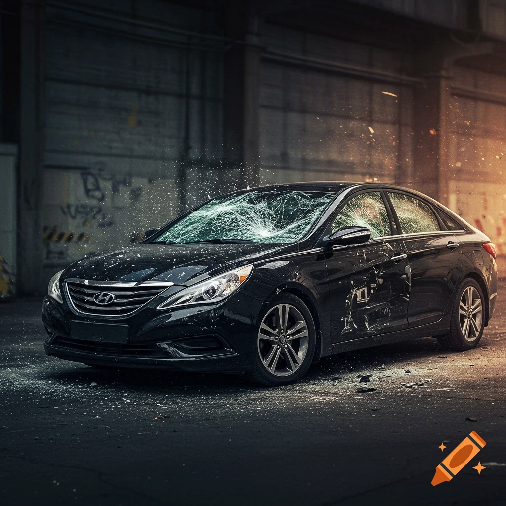 A black Hyundai Sonata with a shattered windshield and damage, parked in a gritty urban area.