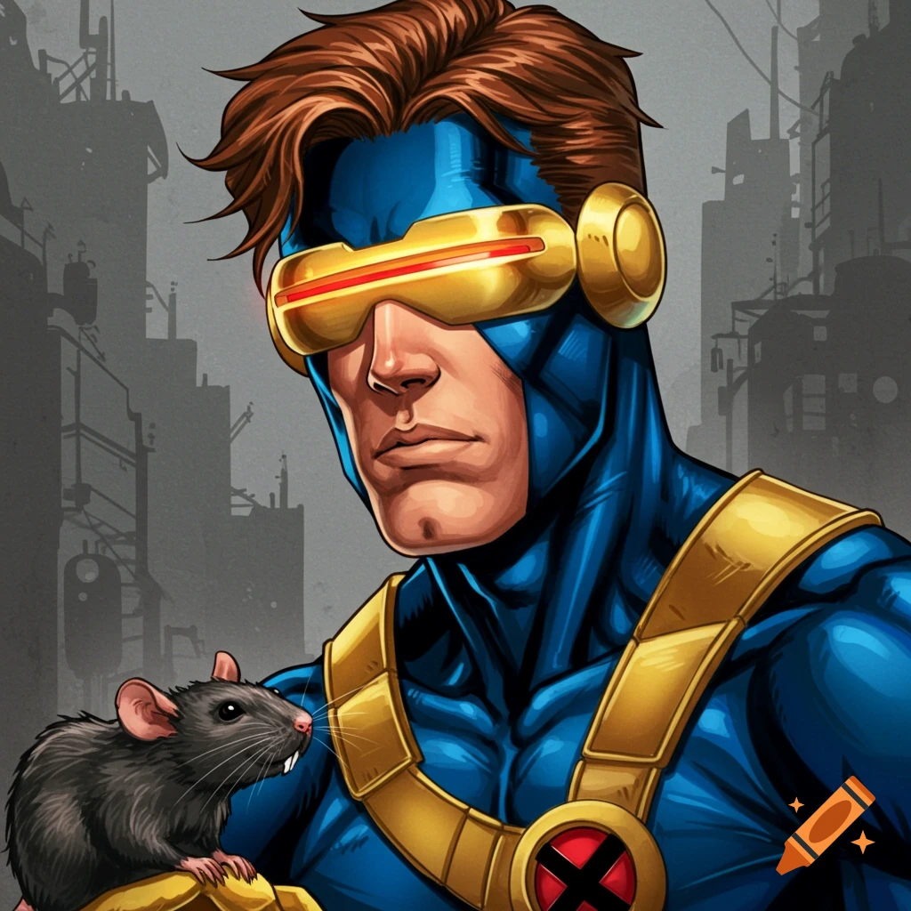 Cyclops from X-Men holding a rat with a city background.