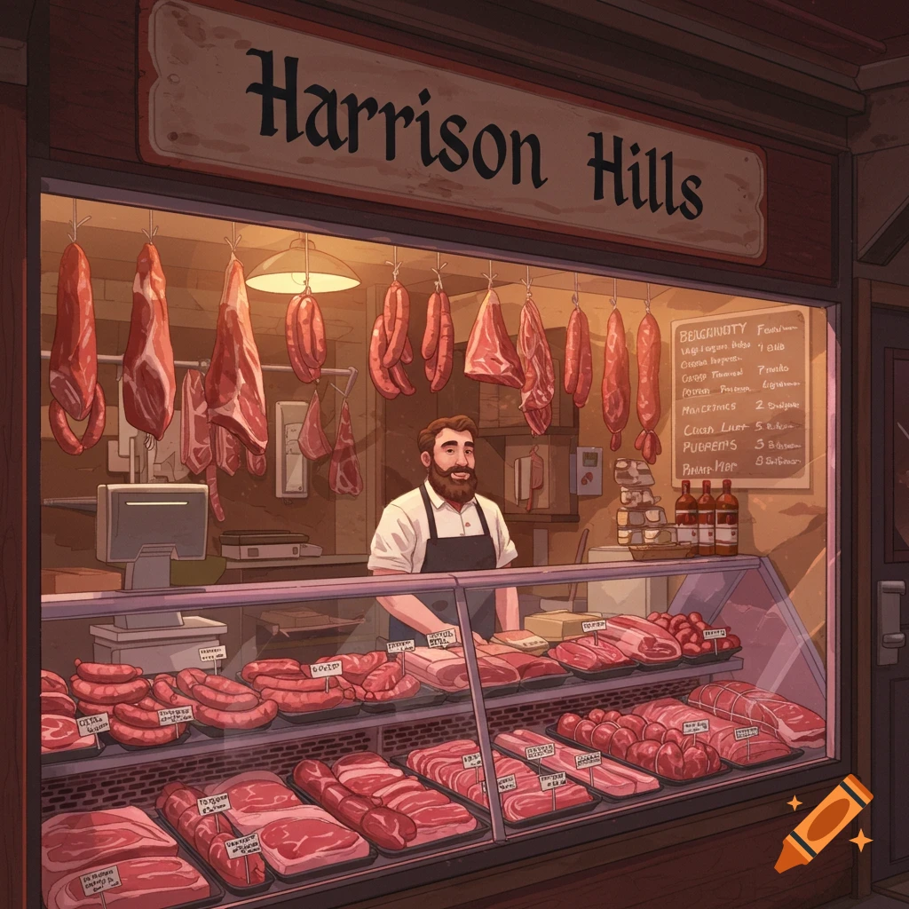 A smiling butcher stands behind a counter filled with various cuts of meat and sausages in a butcher shop. Digital illustration style.
