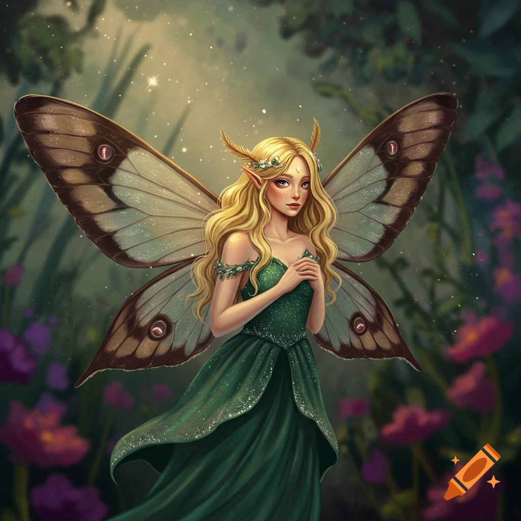 A blonde fairy with moth wings in a forest