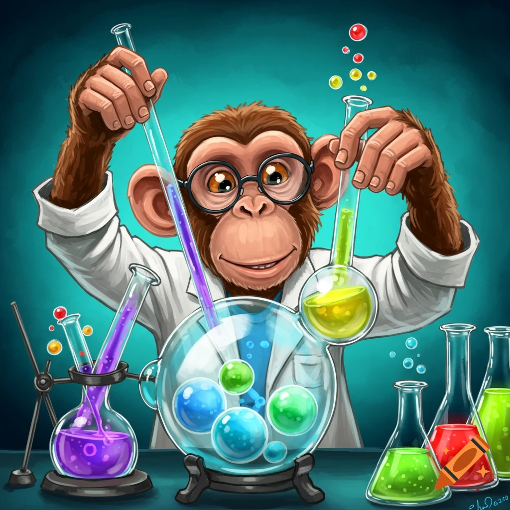A cartoon monkey in a lab coat and glasses mixes colorful chemicals in test tubes and flasks.