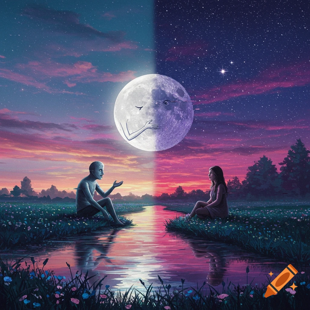 A man and woman sit by a river as a personified moon floats above, splitting the sky between sunset and night.