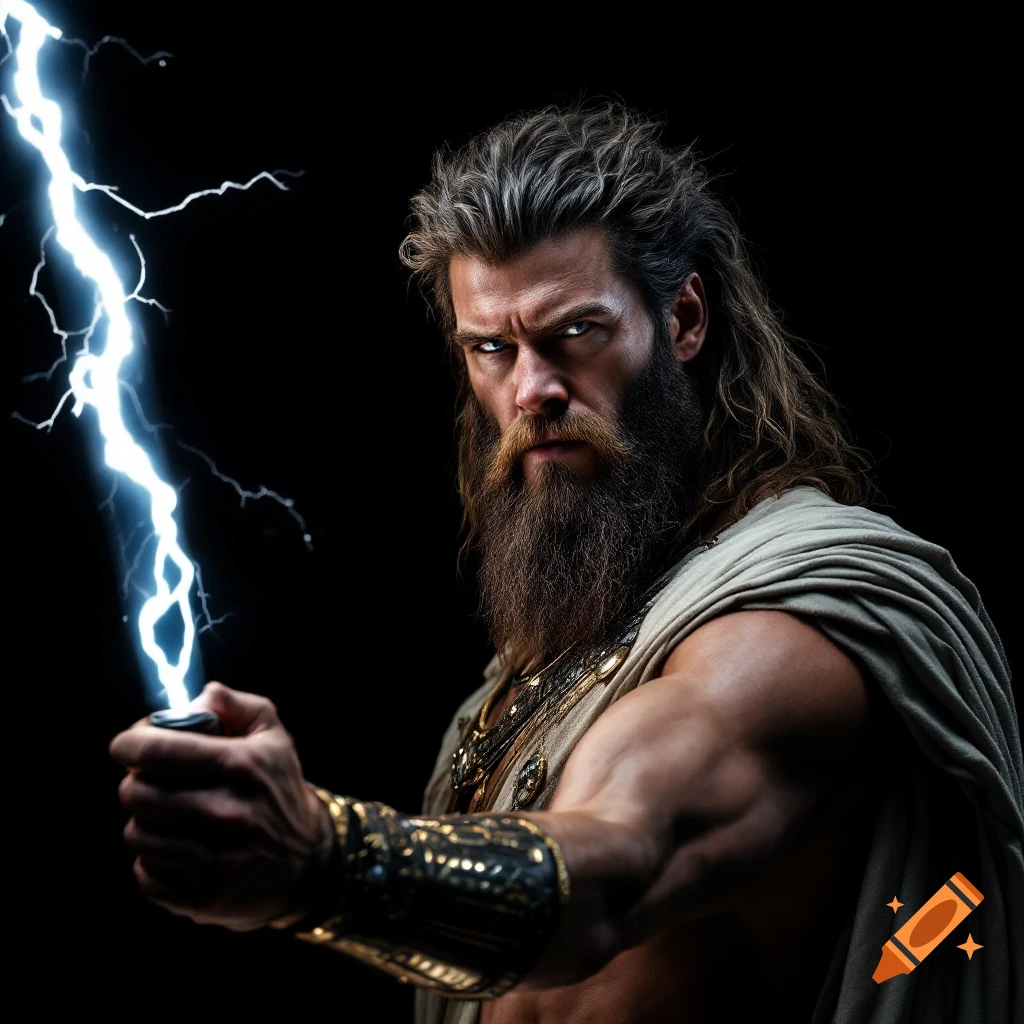 Chris Hemsworth portrayed as Zeus holding a lightning bolt against a black background