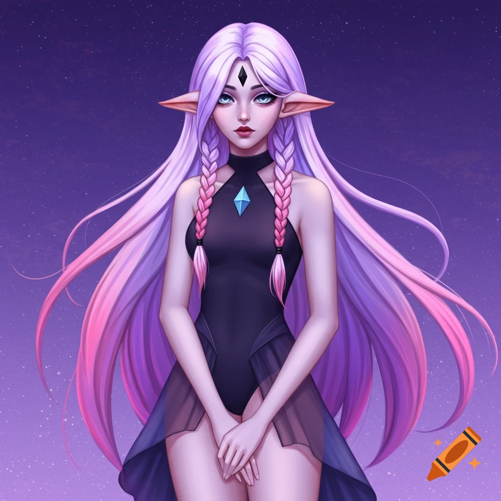 A fantasy woman with long pastel purple and pink hair, pointed ears, and a black outfit against a starry background.