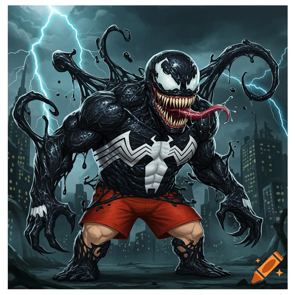 Comic art of a monstrous, black Venomized figure resembling Eric Cartman in red shorts, standing in a cityscape during a lightning storm.