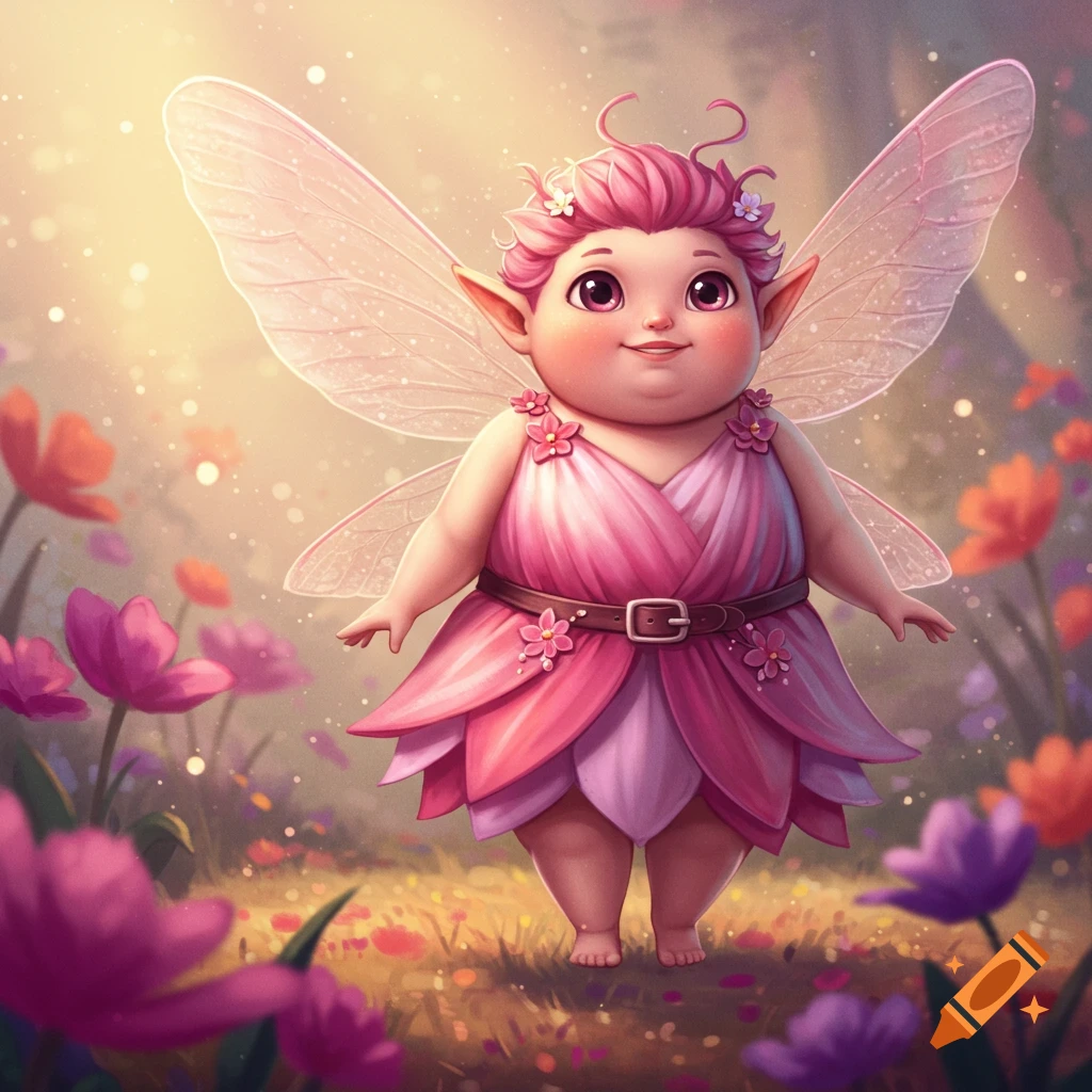 A cute, plump pink fairy with translucent wings stands in a sunny field of colorful flowers.