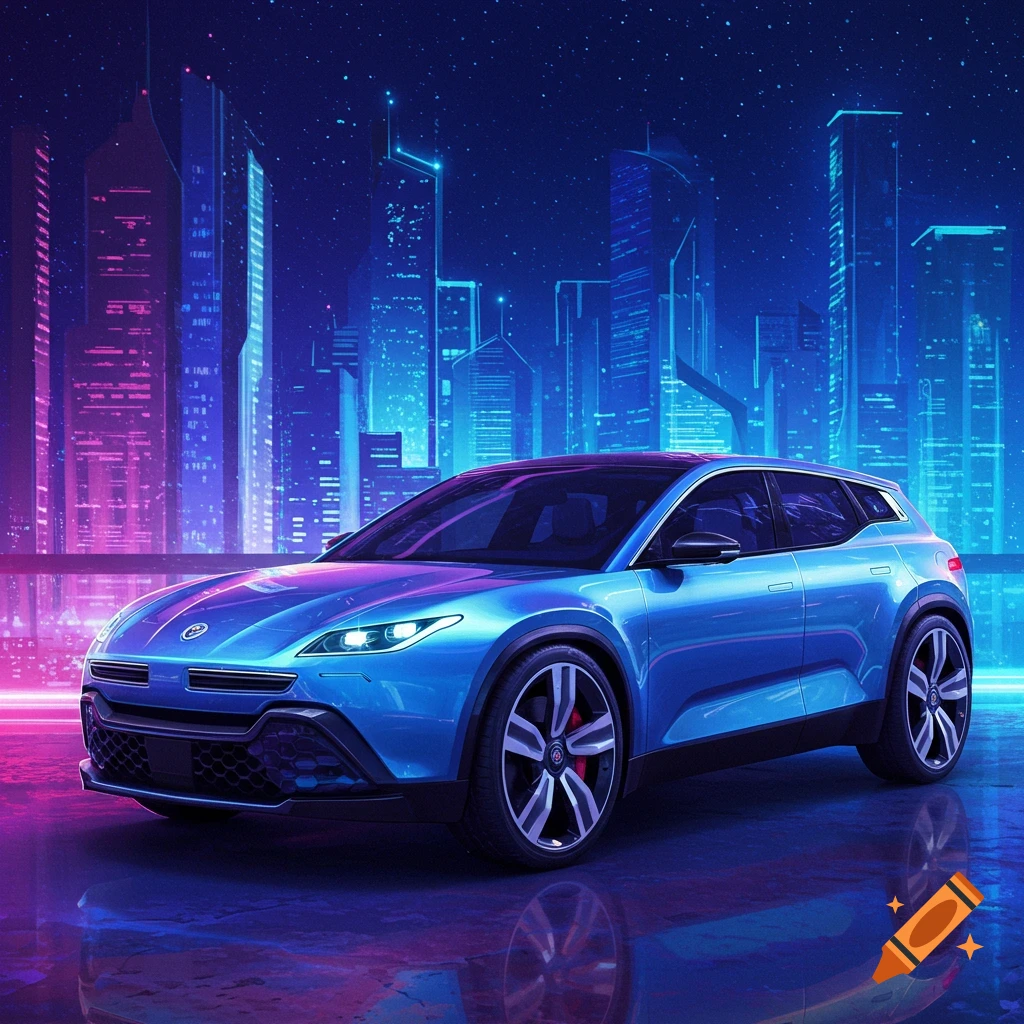 A blue car in a futuristic city at night with neon lights.