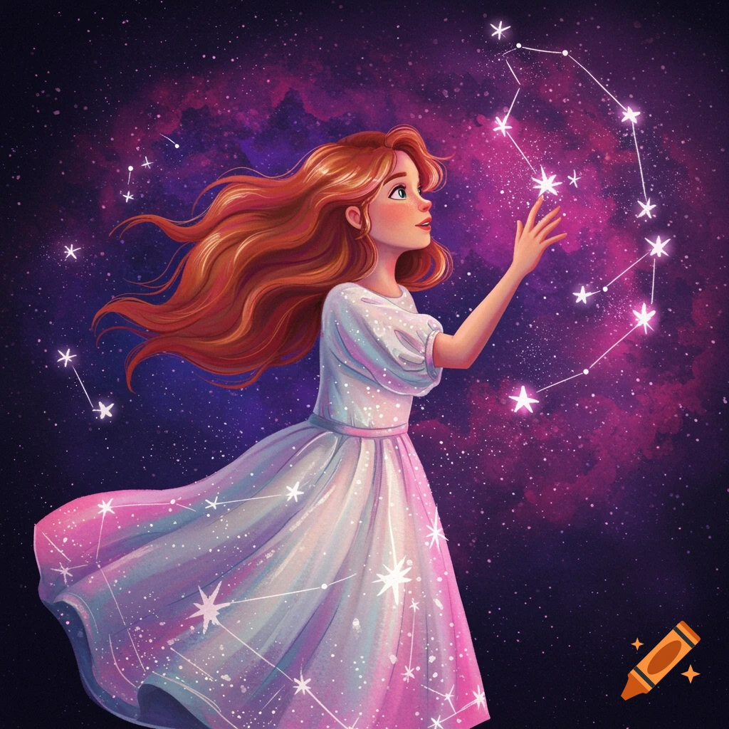 A girl creating a star constellation in a vibrant, starry space.